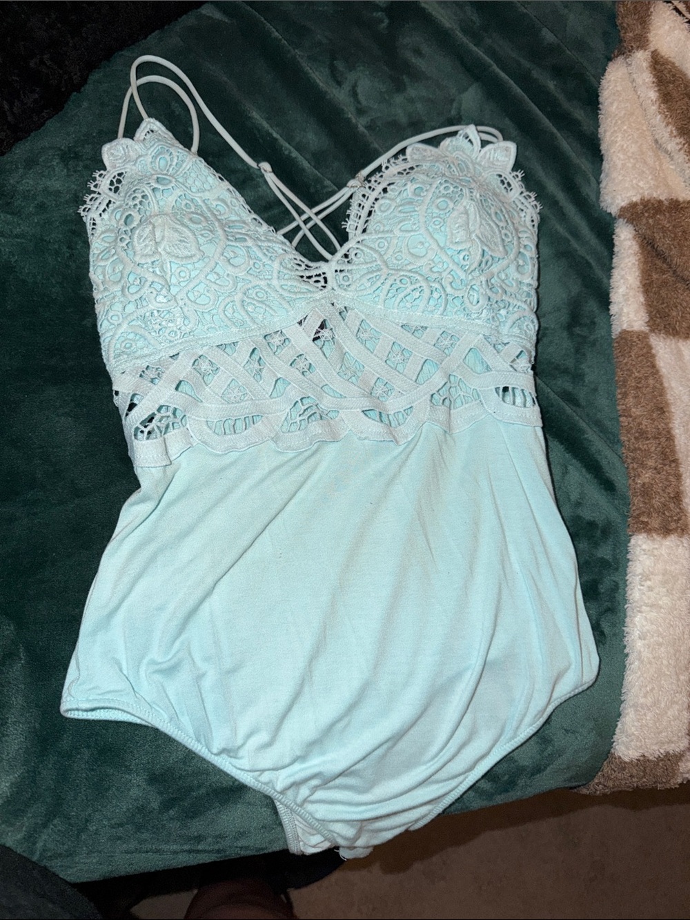 Lace-Detail padded Chemise Bodysuit - Light Aqua